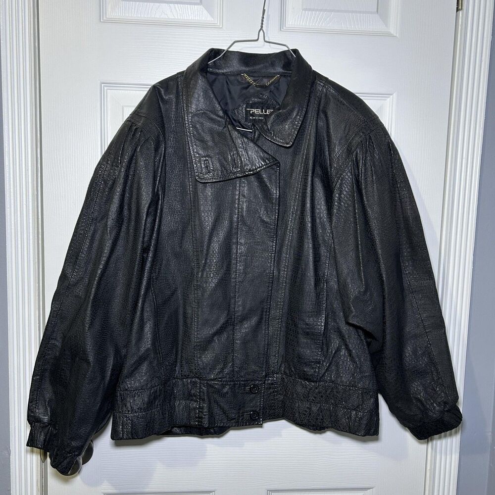 PELLE Jacket Men's Medium Black Leather Croc Embossed Bomber Full Zip Lined